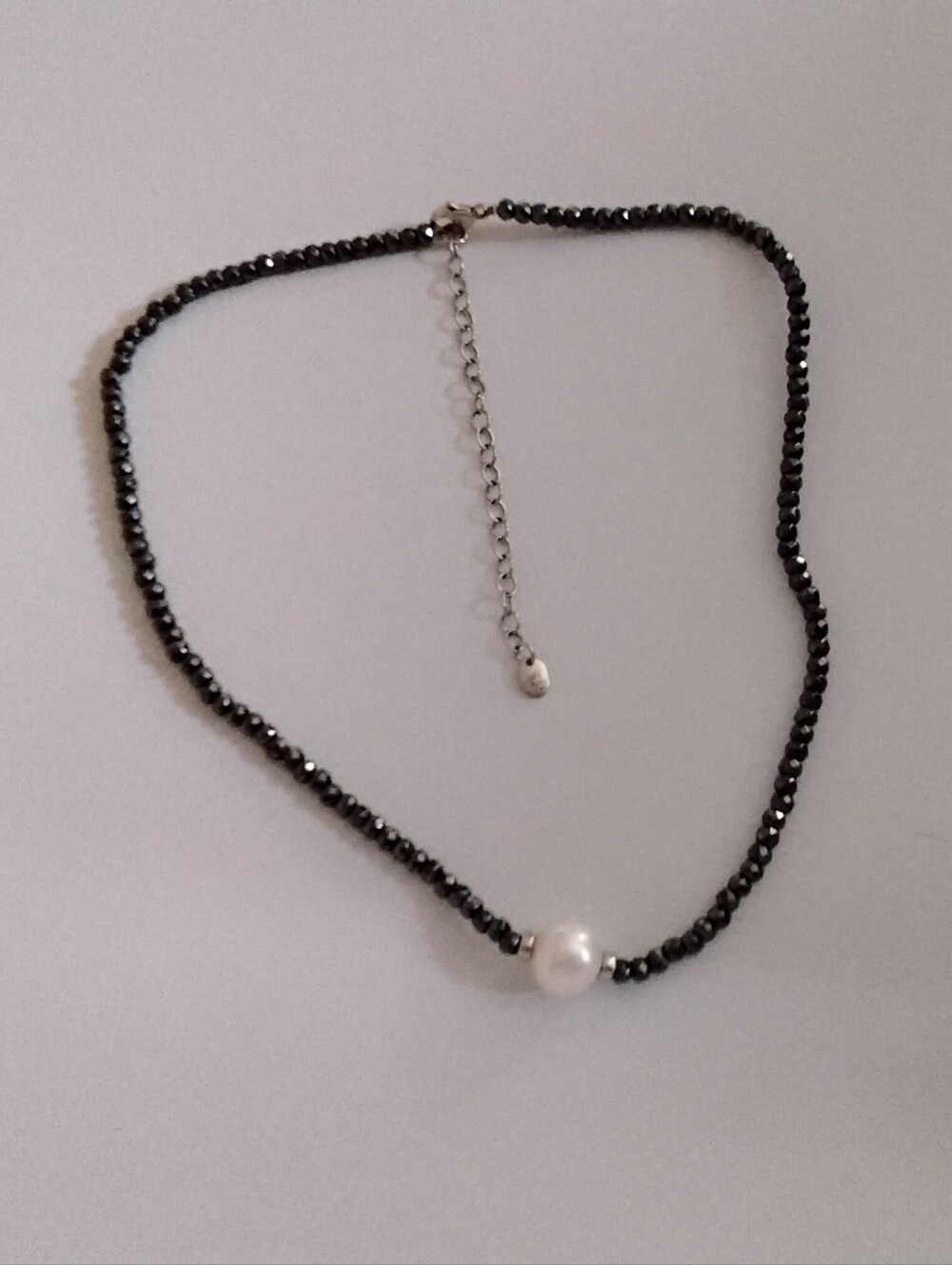 Black Beaded Necklace with White Pearl Accent